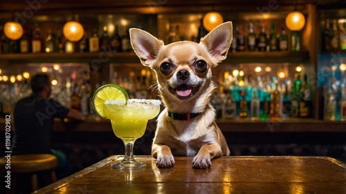 Chihuahua Enjoying a Bar Scene with a Cocktail and Limes Fun Dog Moments, chihuahua cocktail.