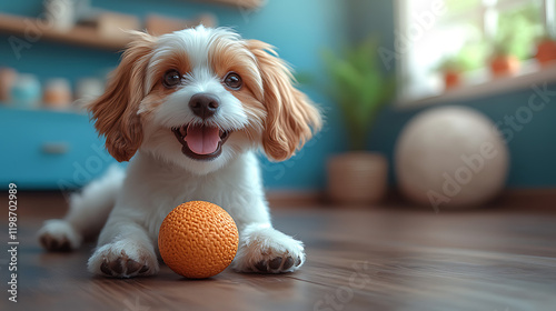 A cheerful cartoon dog playing with a ball on the house floor, cute and playful style, vibrant colors, joyful atmosphere, simple background, cartoon art style, wholesome scene