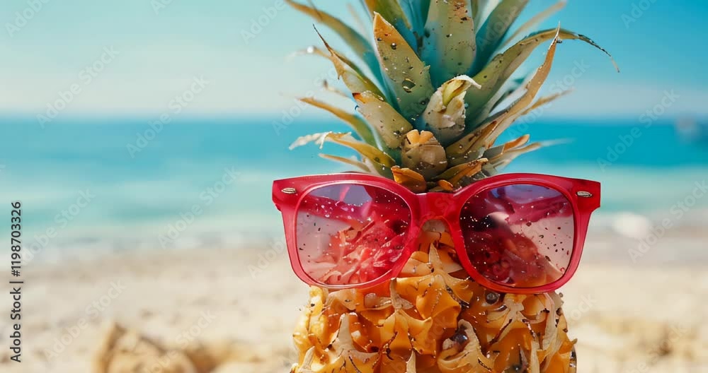Pineapple with sunglasses on tropical beach background with copy space. Summer holiday, Vacation trip, tourism and travelling concept.