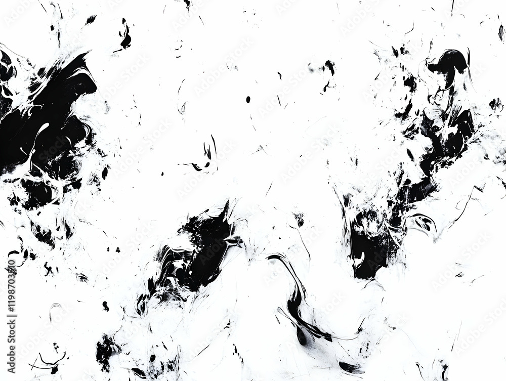 Abstract Black and White Ink Swirls and Splatters Create a Dynamic Background Design