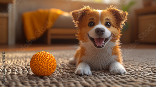A cheerful cartoon dog playing with a ball on the house floor, cute and playful style, vibrant colors, joyful atmosphere, simple background, cartoon art style, wholesome scene