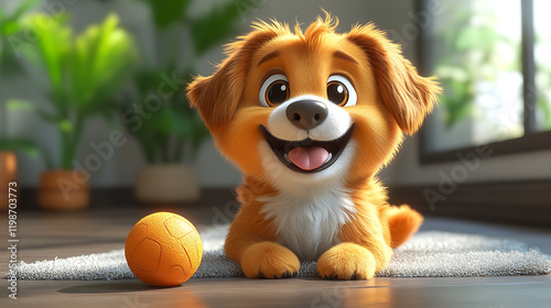 A cheerful cartoon dog playing with a ball on the house floor, cute and playful style, vibrant colors, joyful atmosphere, simple background, cartoon art style, wholesome scene