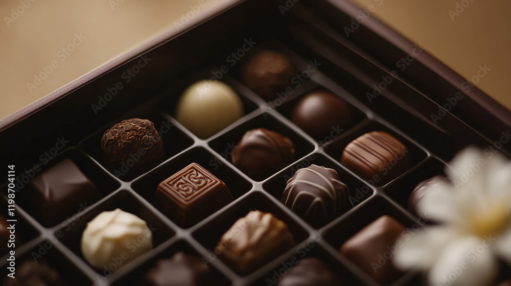 A box of assorted chocolate pralines with flavors like salted caramel, hazelnut cream, and dark chocolate truffle, elegantly arranged for a luxurious gift experience.