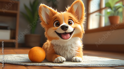 A cheerful cartoon dog playing with a ball on the house floor, cute and playful style, vibrant colors, joyful atmosphere, simple background, cartoon art style, wholesome scene