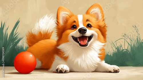A cheerful cartoon dog playing with a ball on the house floor, cute and playful style, vibrant colors, joyful atmosphere, simple background, cartoon art style, wholesome scene