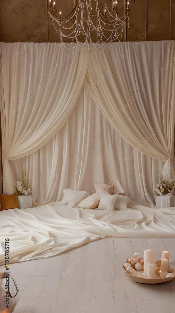 Elegant draped fabric backdrop creates a romantic atmosphere with soft lighting and textured details.