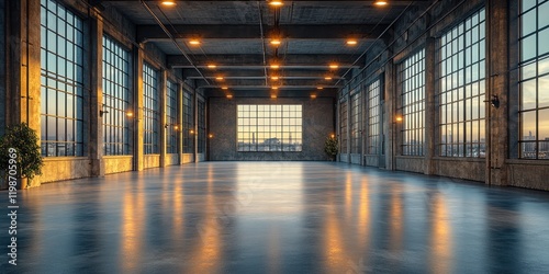 Industrial Loft Interior: Spacious Warehouse with City Views at Sunset