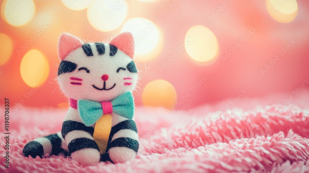 Fototapeta premium Adorable handmade striped kitten toy on pink fluffy surface.