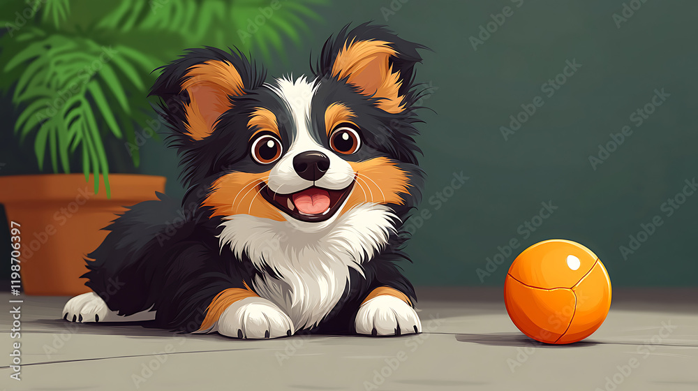 A cheerful cartoon dog playing with a ball on the house floor, cute and playful style, vibrant colors, joyful atmosphere, simple background, cartoon art style, wholesome scene A cheerful cartoon dog playing with a ball on the house floor, cute and playful style, vibrant colors, joyful atmosphere, simple background, cartoon art style, wholesome scene