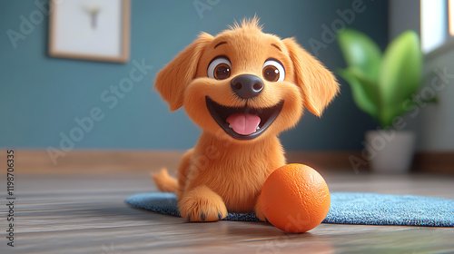 A cheerful cartoon dog playing with a ball on the house floor, cute and playful style, vibrant colors, joyful atmosphere, simple background, cartoon art style, wholesome scene