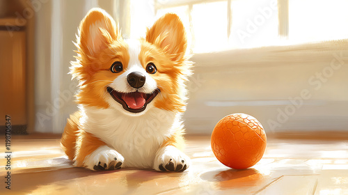 A cheerful cartoon dog playing with a ball on the house floor, cute and playful style, vibrant colors, joyful atmosphere, simple background, cartoon art style, wholesome scene