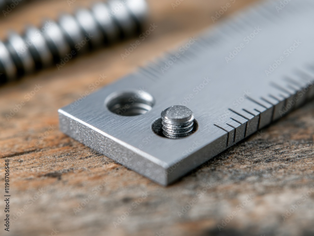 Close-up of a metal ruler with a set screw and a threaded rod in the background Close-up of a metal ruler with a set screw and a threaded rod in the background