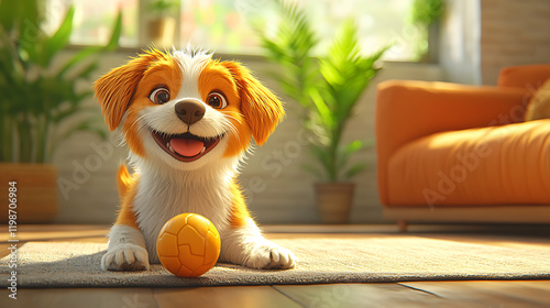A cheerful cartoon dog playing with a ball on the house floor, cute and playful style, vibrant colors, joyful atmosphere, simple background, cartoon art style, wholesome scene