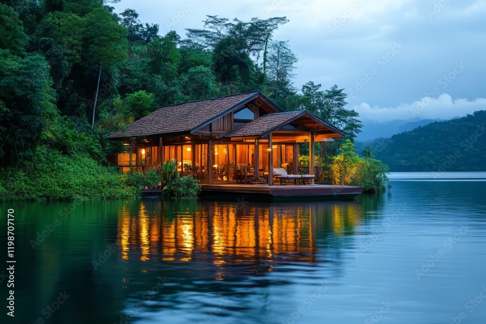 Luxurious Lake House at Dusk, Tranquil Getaway Luxurious Lake House at Dusk, Tranquil Getaway