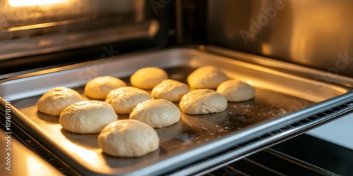 White round pastry dough neatly arranged in a stainless steel tray is ready to be placed into a large baking oven, highlighting the essential baking concept of preparing delicious pastries. photo