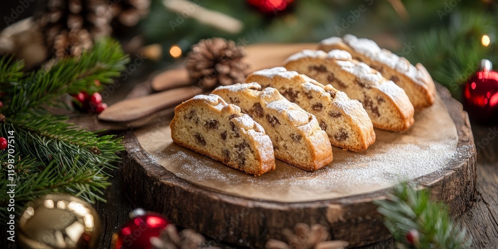 Christmas Stollen cookies arranged on a rustic festive backdrop, showcasing the delightful textures of Christmas Stollen cookies with selective focus for a cozy holiday feel. Christmas Stollen cookies arranged on a rustic festive backdrop, showcasing the delightful textures of Christmas Stollen cookies with selective focus for a cozy holiday feel.