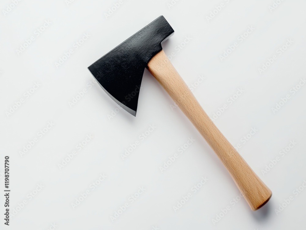 a small axe with a black head and wooden handle lies on a white background a small axe with a black head and wooden handle lies on a white background