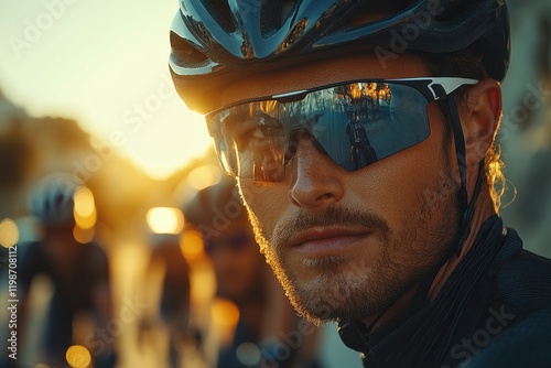 Cyclist wearing sunglasses during a sunset ride in a scenic outdoor location with fellow riders photo