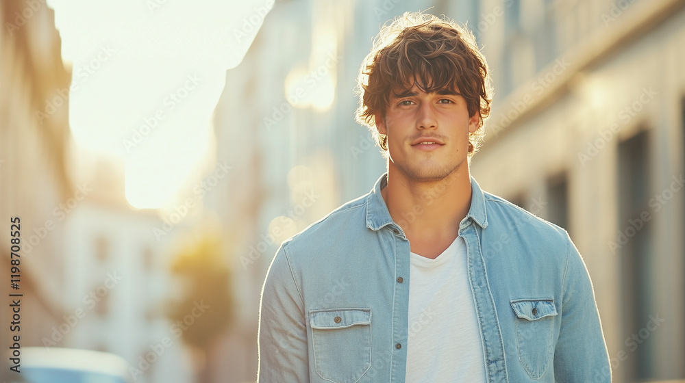 Obraz premium City Stride: A handsome young man with tousled hair and a confident gaze walks down a city street, bathed in the golden light of sunset.