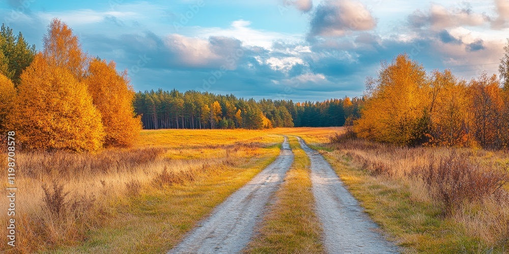 Autumn landscape featuring an old field road leading into the forest, surrounded by vibrant trees and bushes, creating a picturesque autumn landscape for nature lovers and photographers. Autumn landscape featuring an old field road leading into the forest, surrounded by vibrant trees and bushes, creating a picturesque autumn landscape for nature lovers and photographers.