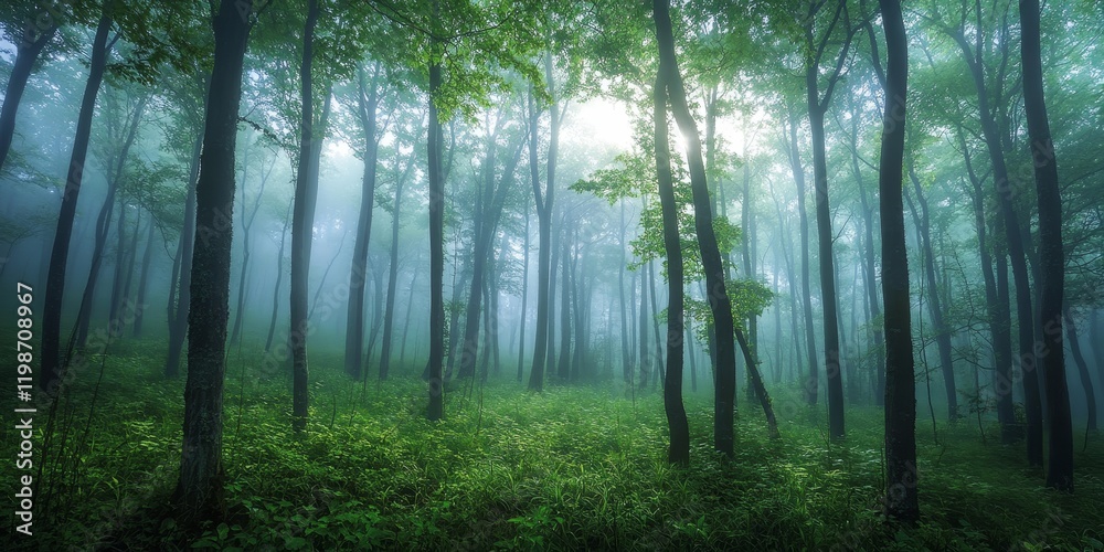 Naklejka premium Mystical forest enshrouded in a veil of morning fog, where the serene ambiance invites exploration and wonder, capturing the enchanting essence of a fog covered forest at dawn.