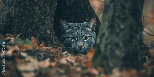A concealed animal quietly watching its unsuspecting prey, blending in with the environment to remain undetected as it prepares to strike.