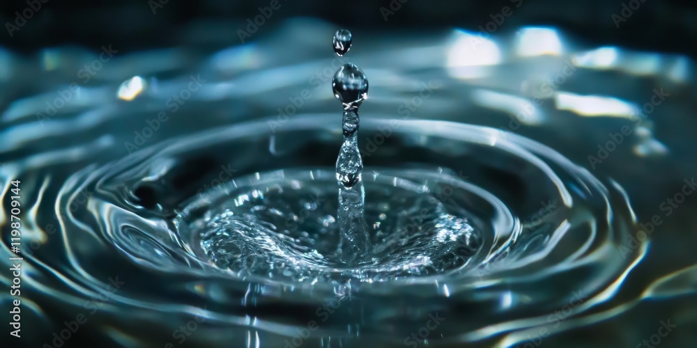 A close up shot captures a water droplet as it forms ripples, highlighting its fragile, shimmering, and clear characteristics, showcasing the droplets beauty in detail. A close up shot captures a water droplet as it forms ripples, highlighting its fragile, shimmering, and clear characteristics, showcasing the droplets beauty in detail.