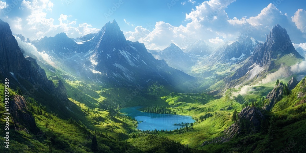 Obraz premium Breathtaking alpine panoramic view showcasing a vibrant mountain valley under sunlight, with impressive mountain silhouettes on the horizon. The alpine landscape features lush greenery and a serene