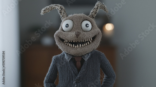 Creepy Knitted Bunny: A unsettling close-up of a knitted bunny rabbit figure with a disturbingly wide smile and oversized eyes, dressed in a cardigan and tie. photo