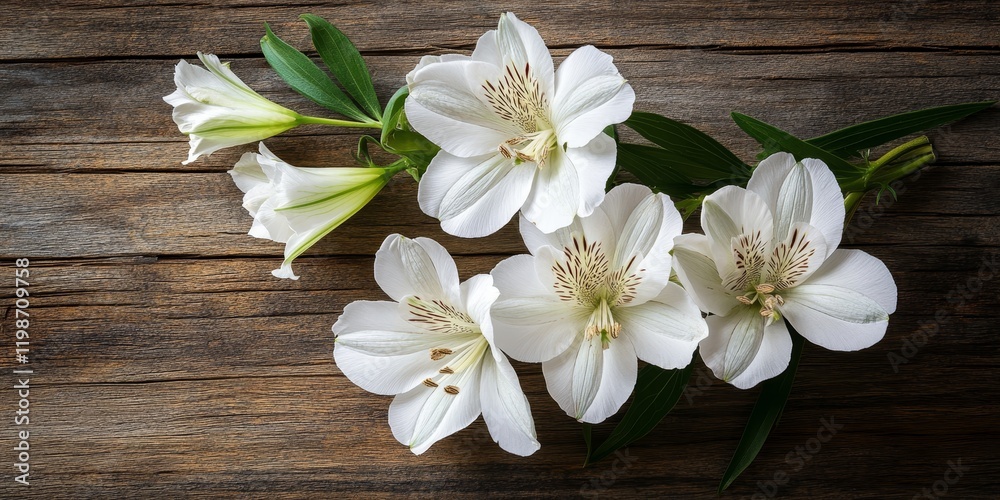 Delicate white alstroemeria flowers arranged on a rustic wooden background, showcasing the natural beauty of white alstroemeria in a stunning floral composition. Delicate white alstroemeria flowers arranged on a rustic wooden background, showcasing the natural beauty of white alstroemeria in a stunning floral composition.