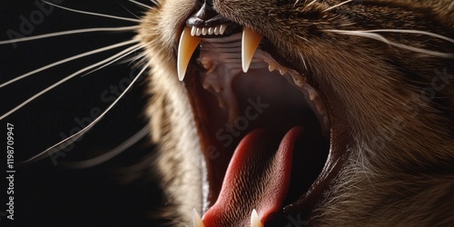 Close up of a cat s teeth displayed as the adult cat opens its mouth, revealing its sharp teeth surface in detail, showcasing the unique features of the cat s dental structure. photo