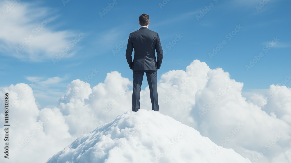 Reaching for the Summit: A solitary businessman stands atop a snow-capped mountain, his back turned, gazing towards a vast expanse of fluffy white clouds. A powerful image that conveys ambition. Reaching for the Summit: A solitary businessman stands atop a snow-capped mountain, his back turned, gazing towards a vast expanse of fluffy white clouds. A powerful image that conveys ambition.