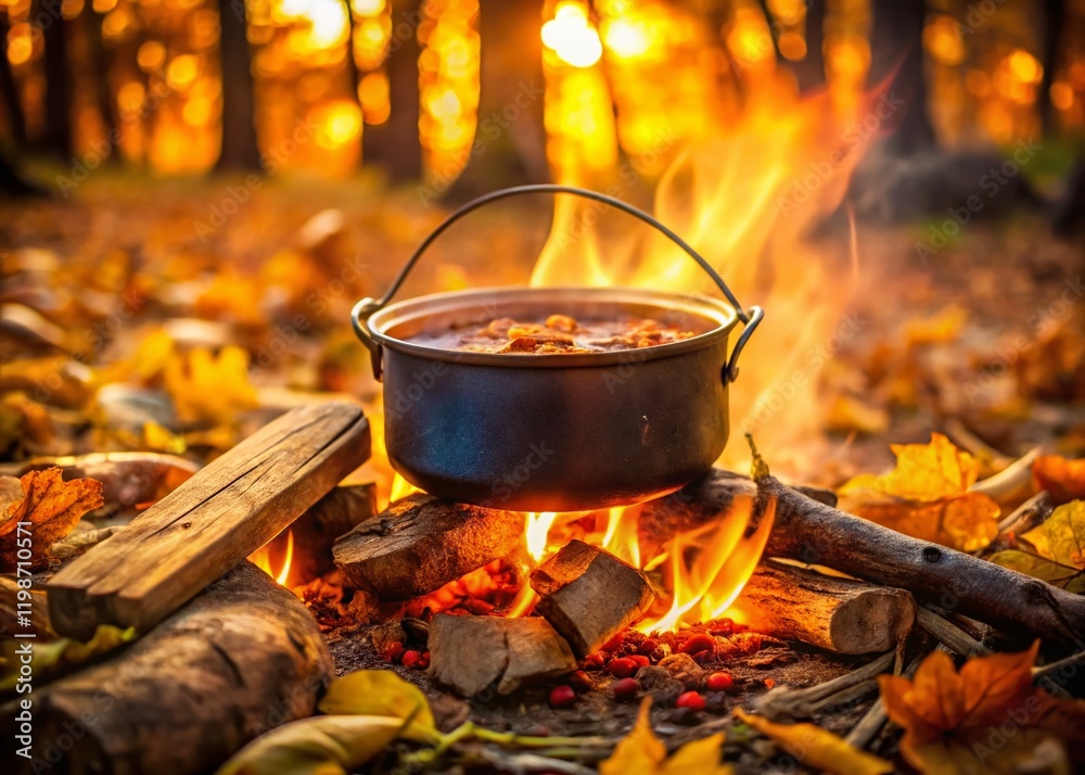 Rustic Stew Pot Simmering on Open Fire, Hearty Autumnal Food Photography Rustic Stew Pot Simmering on Open Fire, Hearty Autumnal Food Photography