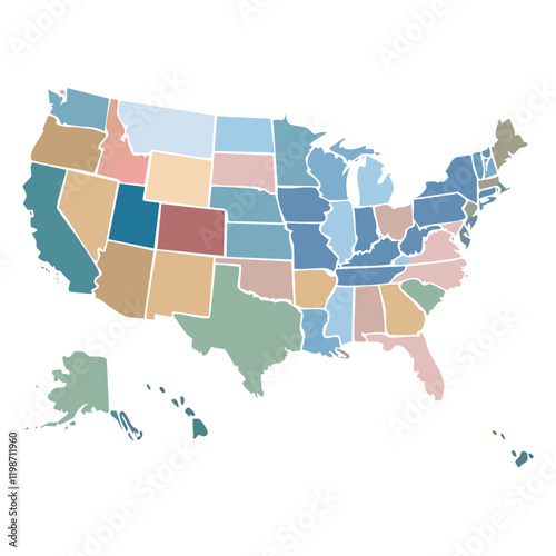 Map of the United States depicted in various pastel colors to represent individual states and regions, highlighting borders, areas, and layout of the geographical territories within the country.