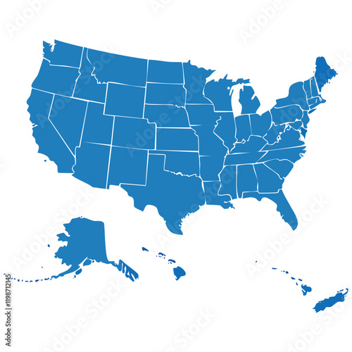 Illustration of a blue map of the United States featuring all 50 states, including Alaska and Hawaii, with clear and simple state boundary outlines.