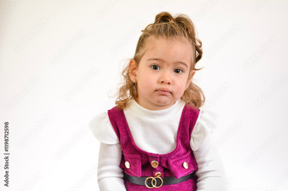 Portrait of cute toddler girl showing neutral emotion on white background Portrait of cute toddler girl showing neutral emotion on white background