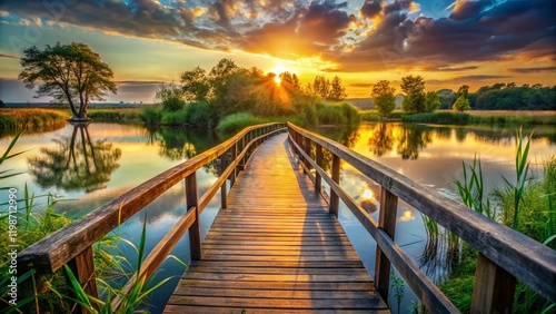 Rustic Wooden Footbridge Over Calm Lake at Sunset - Idyllic Nature Scene