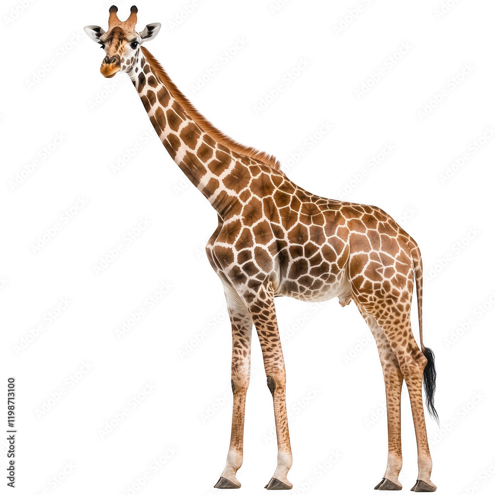 Obraz premium tall giraffe with distinctive spots stands gracefully against transparency background, showcasing its long neck and unique patterns. This majestic animal embodies beauty of wildlife