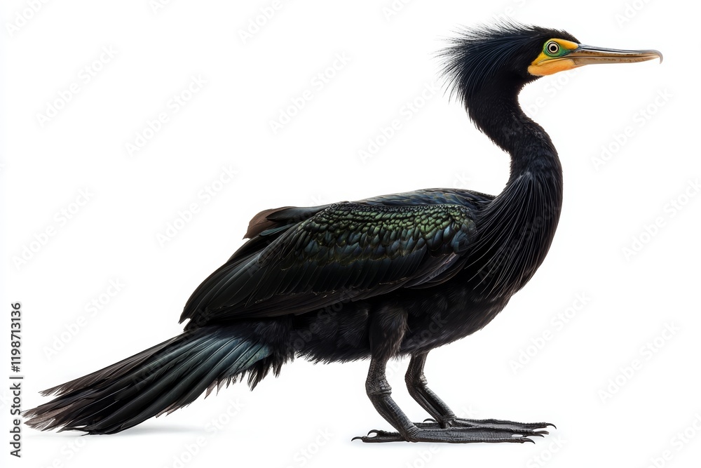 Close-up of a cormorant bird showcasing its glossy black feathers and distinctive yellow beak on a white background. Close-up of a cormorant bird showcasing its glossy black feathers and distinctive yellow beak on a white background.