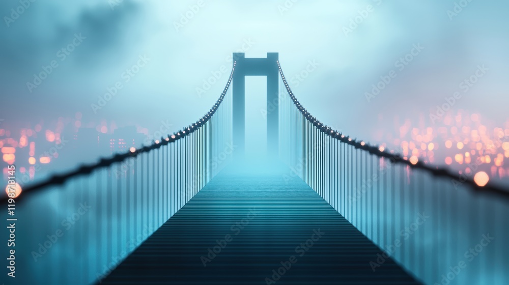Fototapeta premium Bridge Spanning a Gap: A modern suspension bridge with city lights in the background, representing urban development, infrastructure, and connectivity.