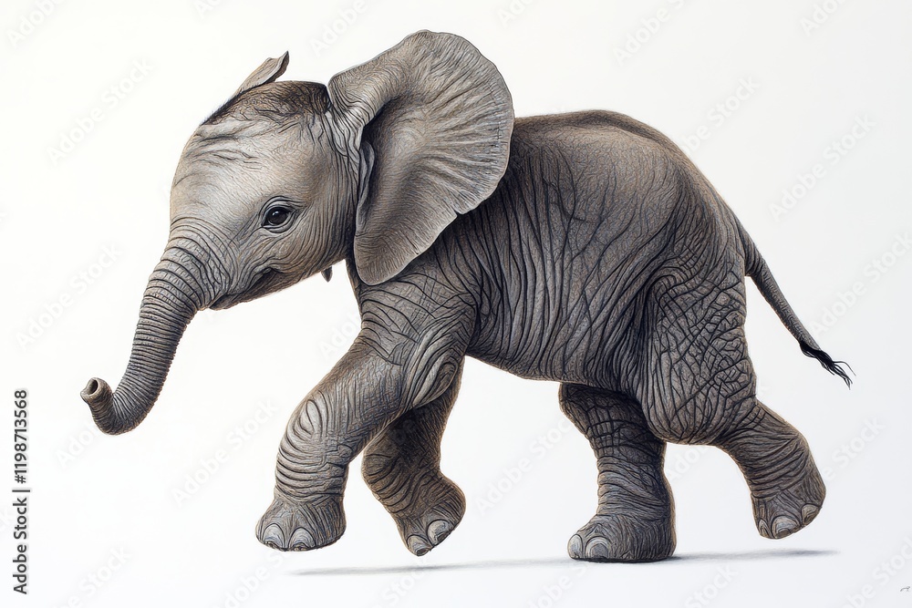 Fototapeta premium A baby elephant is walking on a white background. The elephant is small and cute, and it seems to be enjoying its walk. Concept of innocence and playfulness