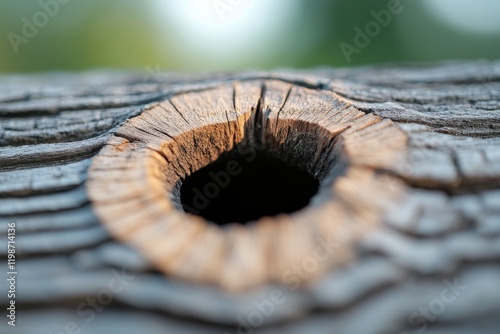 close up of a knothole in a weathered wooden plank photo