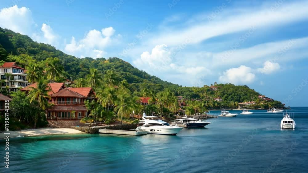 Coastal resort with yachts and palm trees Coastal resort with yachts and palm trees