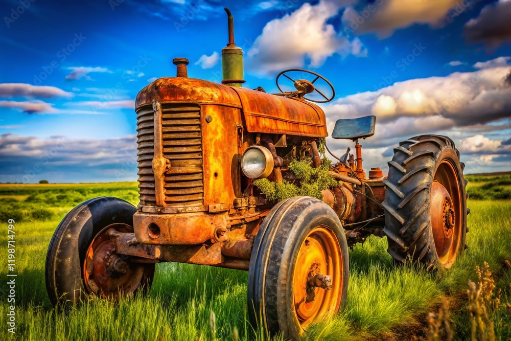 Obraz premium Rusty Farm Tractor, Vintage Agricultural Machinery, Deep Depth of Field, High-Resolution Stock Photo
