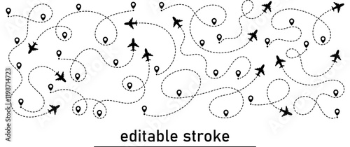 Plane routes with dashed line. Trajectory of aeroplane flight. Editable Stroke. Route icon. Map location pointer. Location, pin, gps, road maps