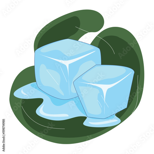 melting ice cube vector. ice cubes melt in water puddle vector illustration. Cartoon isolated blue cold crystal blocks lying in clear liquid ripples,