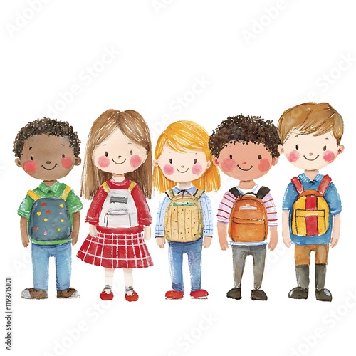 Watercolor illustration of five diverse children with backpacks ready for school.