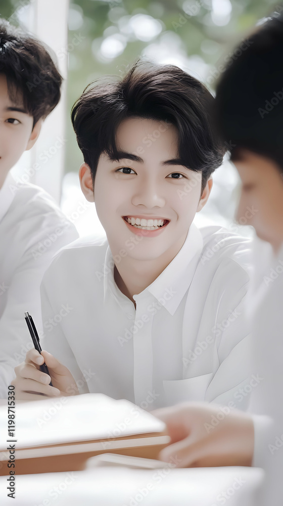 Smiling student holds a pen while looking at the camera during a study session. Smiling student holds a pen while looking at the camera during a study session.