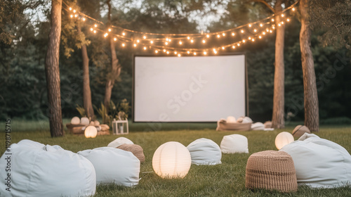 Outdoor Cinema Night: A magical outdoor movie night setup under the trees, featuring a large projection screen, cozy beanbag chairs, string lights.