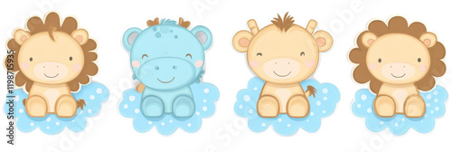 Cute cartoon animals sitting on clouds, featuring lion, hippo, and giraffe. Perfect for children decor or playful designs photo